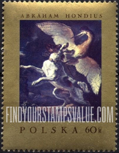 FindYourStampsValue: Paintings from Polish Museums: Dog Fighting Heron, by Abraham Hondius