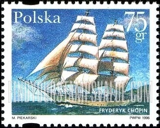 FindYourStampsValue: Polish Sailing Ships: Brig, “Fryderyk Chopin,” 1992