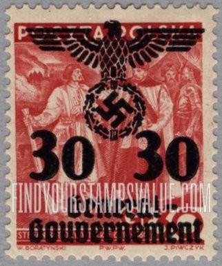 FindYourStampsValue: OCCUPATION - Similar Surcharge on Stamps of 1938-39: King Stephen Bathory commending Wielock, the peasant