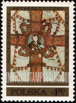 FindYourStampsValue: Frescoes from Faras Cathedral, Nubia, 8th-12th centuries: Cross with symbols of four Evangelists