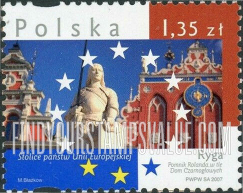 FindYourStampsValue: Landmarks in European Union Capitals Type of 2005: Statue of St. Roland and House of Blackheads, Riga, Latvia
