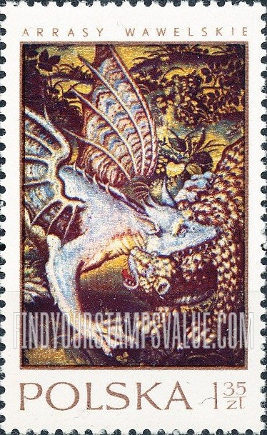 FindYourStampsValue: 16th Centennial Tapestries in Wawel Castle: Leopard fighting dragon