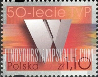 FindYourStampsValue: Polish Television, 50th Anniversary: Wiadomosci (News, red background)