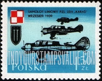 FindYourStampsValue: Planes and Polish Air Force Emblem: PZL 23-A Karas fighters