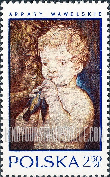 FindYourStampsValue: 16th Centennial Tapestries in Wawel Castle: Child holding bird