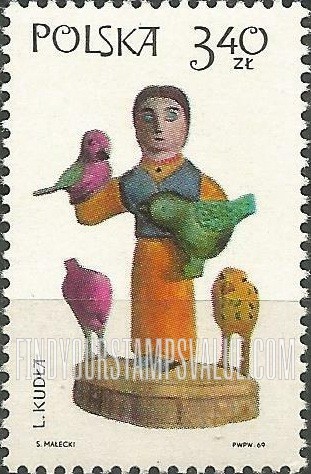 FindYourStampsValue: Folk Art (Sculptures): Woman with birds