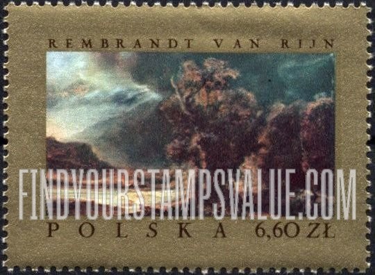 FindYourStampsValue: Paintings from Polish Museums: Landscape (from the Good Samaritan), by Rembrandt, horizontal
