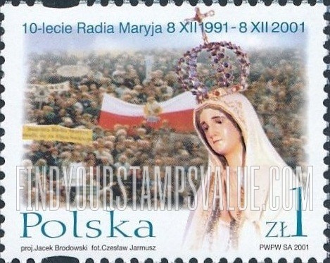 FindYourStampsValue: Radio Maryja, 10th Anniversary: Statue of crowned Virgin Mary, crowd with flag