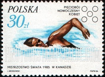 FindYourStampsValue: Victories of Polish Athletes at 1985 World Championships: Women’s Modern Pentathlon, Montreal, won by Barbara Kotowska