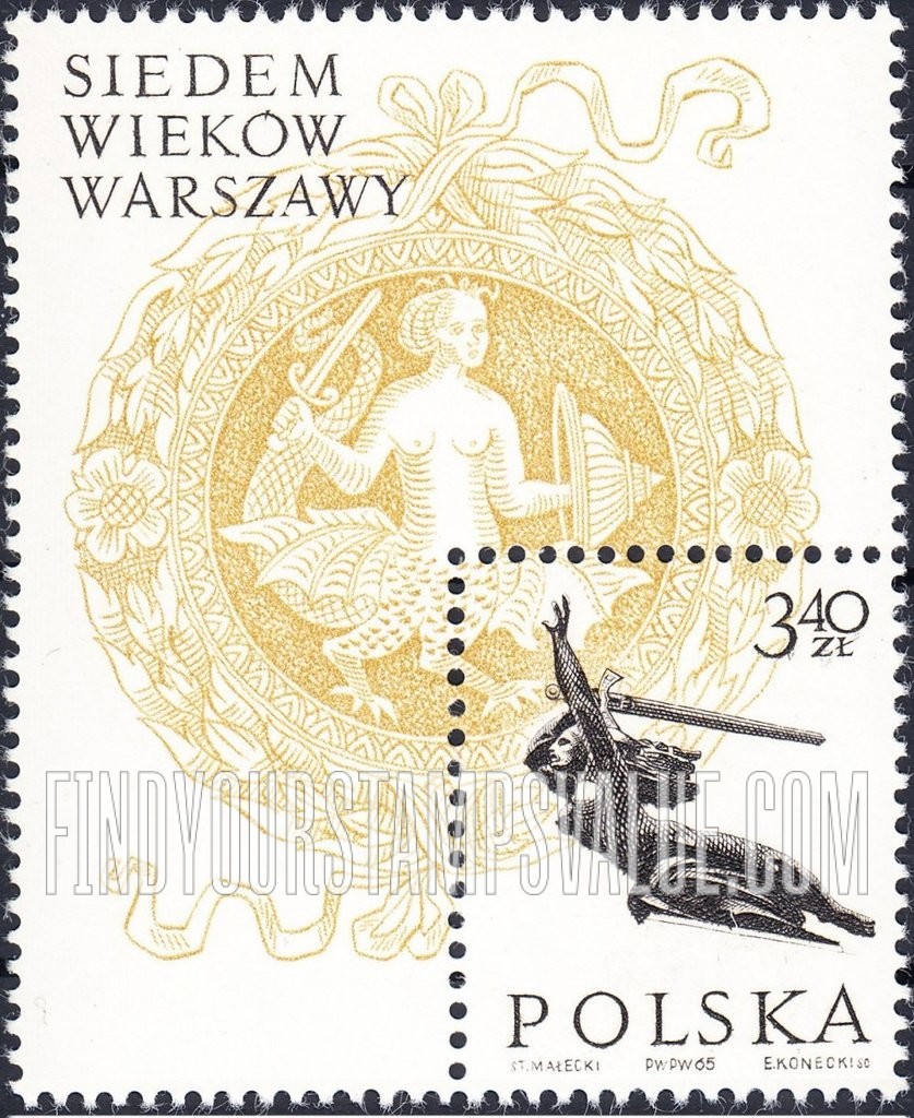 FindYourStampsValue: Woman with sword from Heroes’ Memorial and Warsaw Mermaid seal