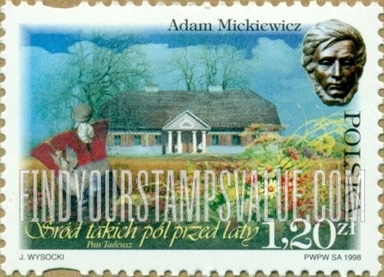 FindYourStampsValue: Adam Mickiewicz (1798-1855), Poet: Nobleman’s house, flowers, uhlan’s cap