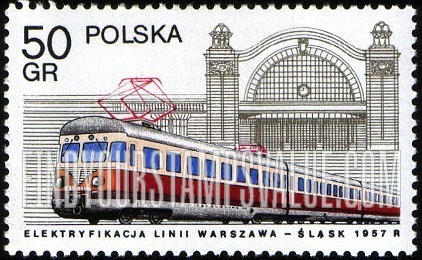 FindYourStampsValue: Locomotives in Poland: Electric Locomotive, Katowice Station, 1957