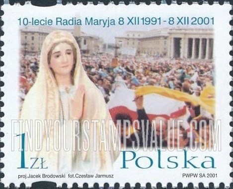 FindYourStampsValue: Radio Maryja, 10th Anniversary: Statue of Virgin Mary praying, crowd with flag