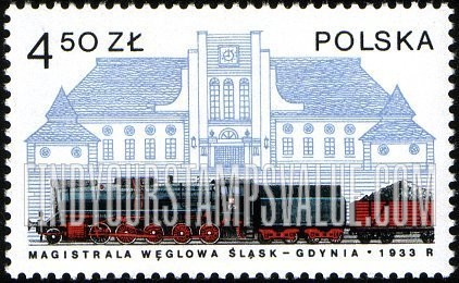 FindYourStampsValue: Locomotives in Poland: Ty51 coal train and Gdynia Station, 1933