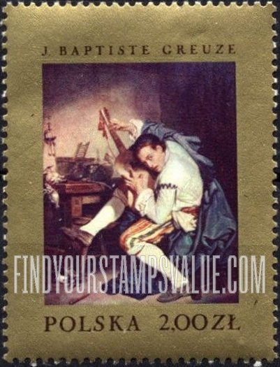 FindYourStampsValue: Paintings from Polish Museums: Guitarist after the Hunt, by J. Baptiste Greuze