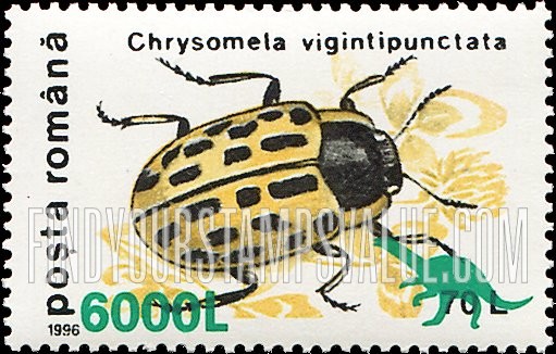 FindYourStampsValue: Insects - Chrysomela vigintipunctata: Surcharged in Green