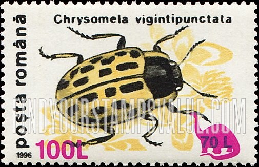 FindYourStampsValue: Insects - Chrysomela vigintipunctata: Surcharged in Bright Pink