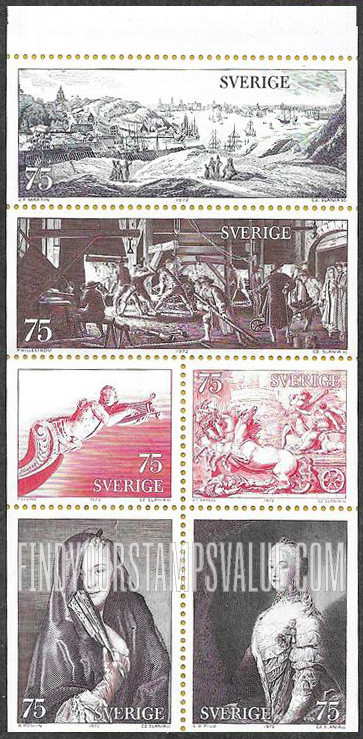 FindYourStampsValue: Stockholm from the South, by Johan Fredrik Martin, Anchor Forge, by Pehr Hillestrom, Amphion Figurehead, by Per Ljung, Quadriga, by Johan Tobias von Sergel, Lady with Veil, by Alexander Roslin, (Queen) Sofia Magdalena, by Carl Gustaf Pilo