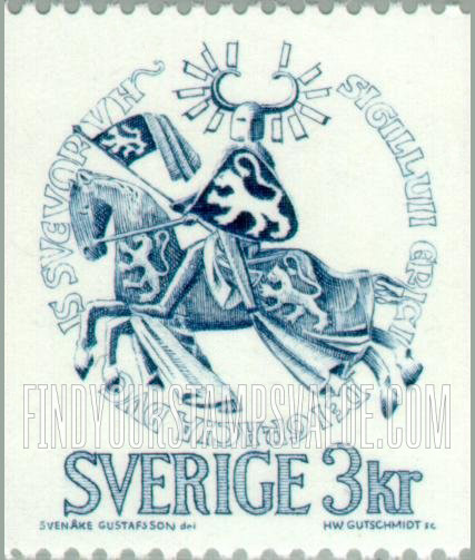 FindYourStampsValue: Seal of Duke Erik Magnusson, 1306 (Duke on horseback with standard of Folkunga dynasty)