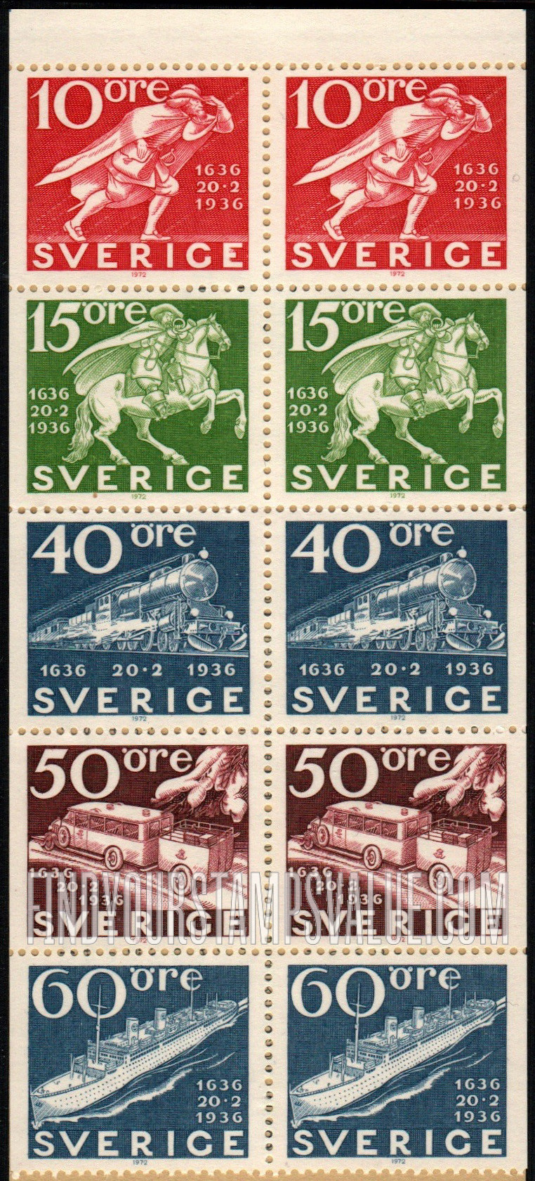 FindYourStampsValue: Post Runner, Mounted Courier, Mail Train, Mail Truck and Trailer, Modern Swedish