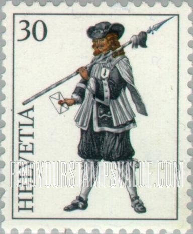 FindYourStampsValue: Federal Administration, Medieval Postal Couriers: Basel (with staff)