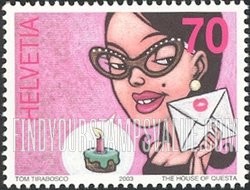 FindYourStampsValue: Federal Administration, Comic Strip Art: Envelope and Woman, birthday cake