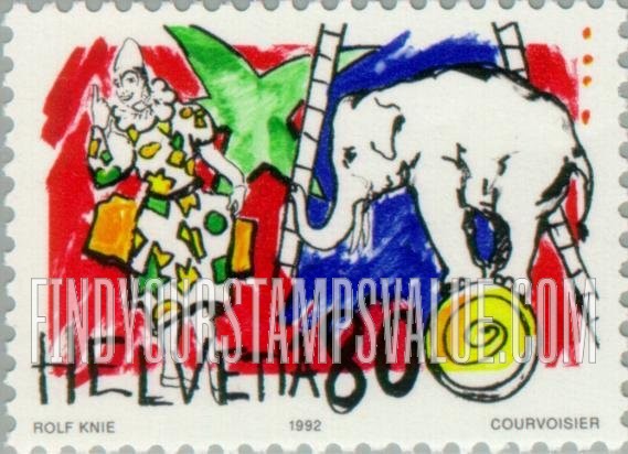 FindYourStampsValue: Federal Administration, World of the Circus: Clown, elephant