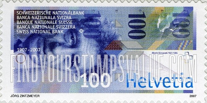 FindYourStampsValue: Federal Administration, Swiss National Bank, Centenary: Artwork from 100-franc banknote