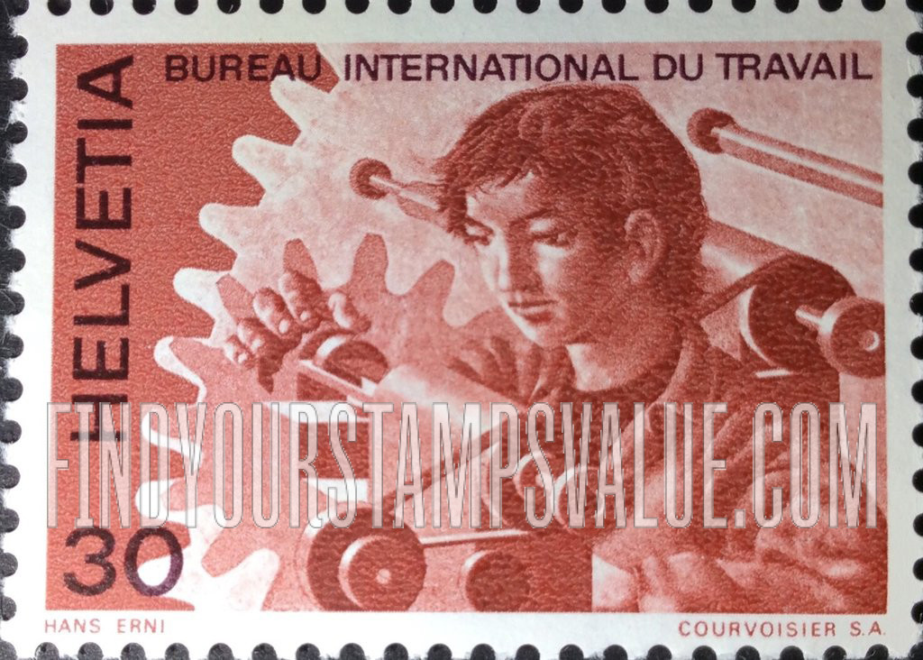 FindYourStampsValue: For The International Labor Bureau: Young Man at Lathe, Cogwheels