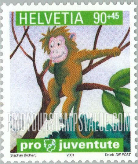 FindYourStampsValue: Semi-Postal, Pro Juventute, Art from children’s books: Tom the Monkey, from Leopold and the Sun