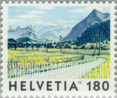 FindYourStampsValue: Federal Administration, View of Switzerland: Road, mountains outside Reutigen
