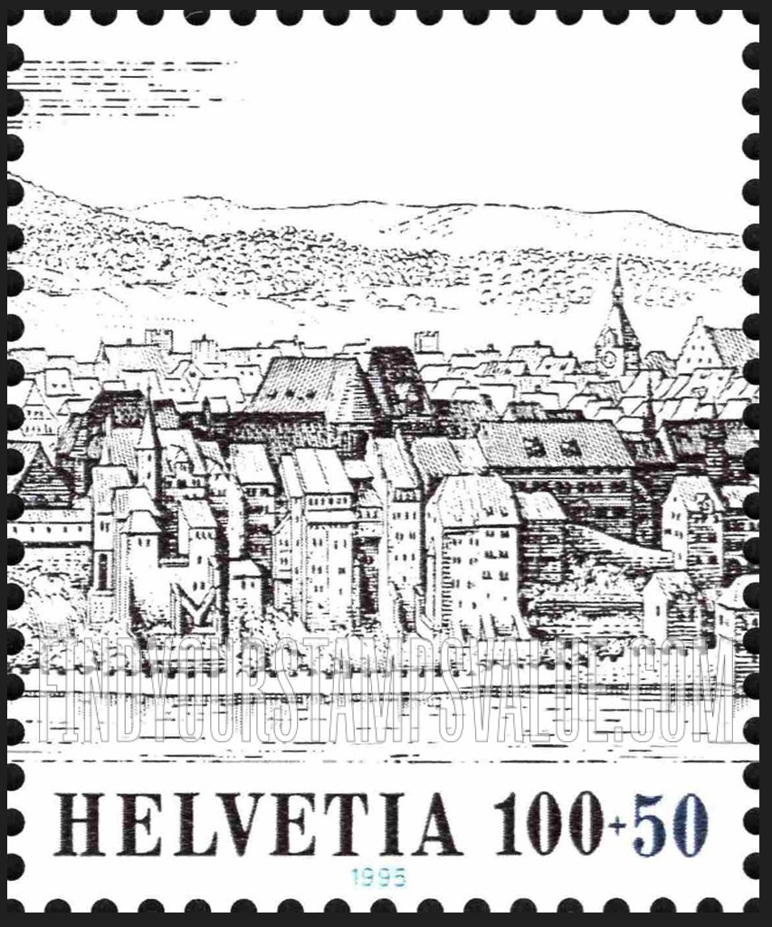 FindYourStampsValue: Semi-Postal, Basler Taube β95 Philatelic Exhibition, Basel, Engraved panorama of Basel, by Matthaus Merian, 17th centenary: Buildings
