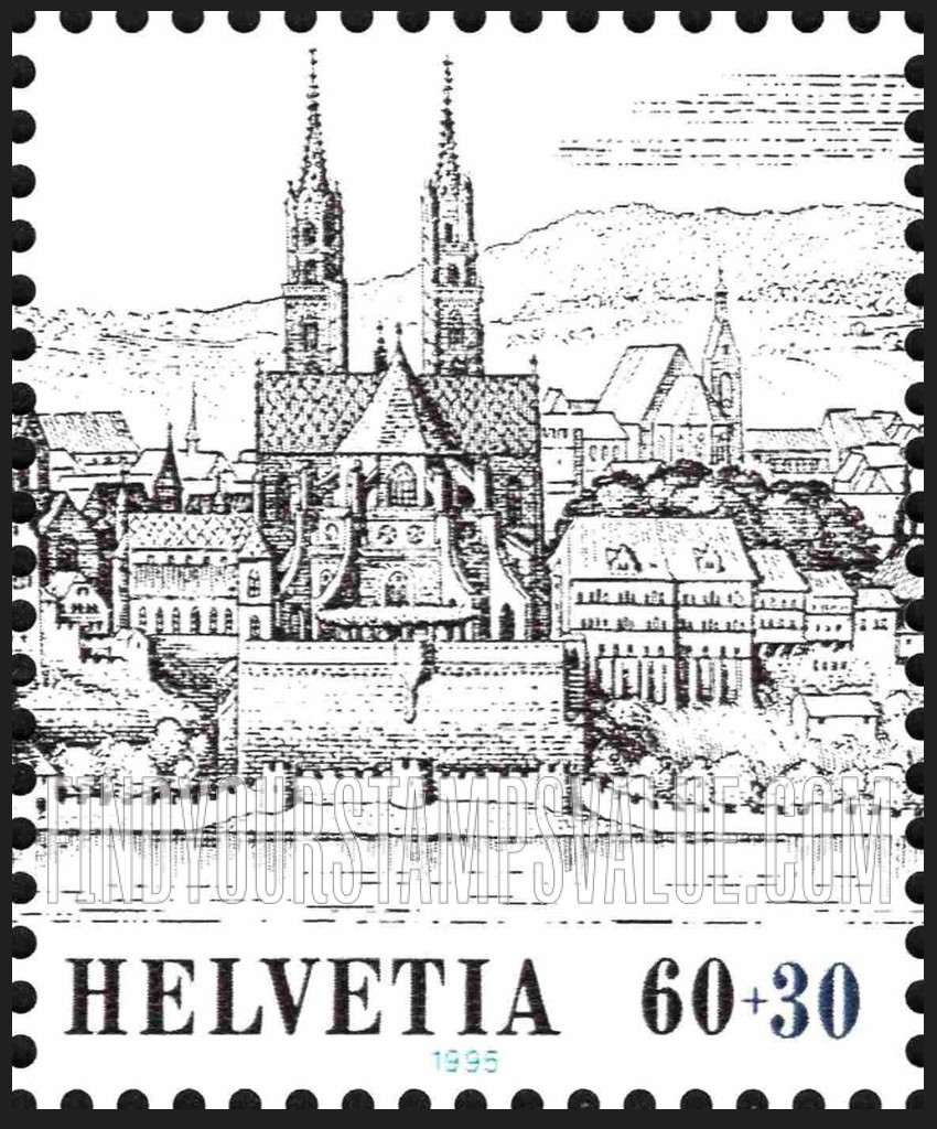 FindYourStampsValue: Semi-Postal, Basler Taube β95 Philatelic Exhibition, Basel, Engraved panorama of Basel, by Matthaus Merian, 17th centenary: Buildings, twin church steeples