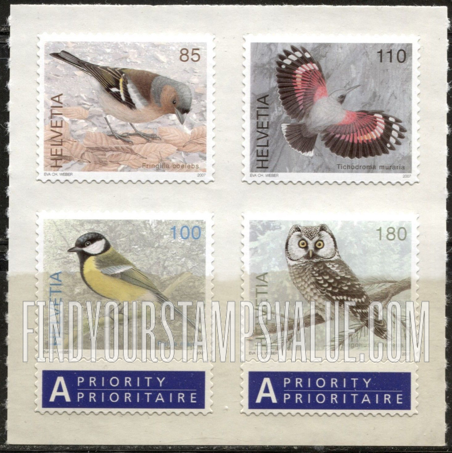FindYourStampsValue: Federal Administration: Fringilla coelebs, Parus major, Tichodroma muraria, Aegolius funereus