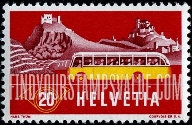 FindYourStampsValue: Federal Administration: Alpine Post Bus, Winter Background