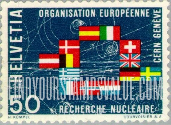 FindYourStampsValue: Federal Administration: Flags of 13 Member Nations and Nuclear Fission