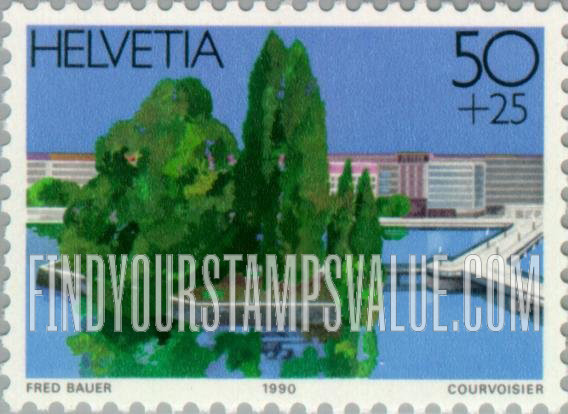 FindYourStampsValue: Semi-Postal, National Philatelic Exhibition, Geneva β90: Ile Rousseau and Pont des Bergues