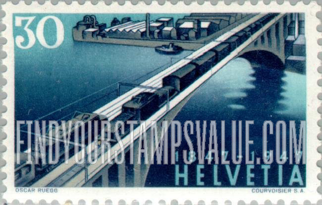 FindYourStampsValue: Federal Administration: Electric Trains Passing on Bridge