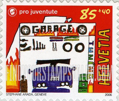 FindYourStampsValue: Semi-Postal, Children’s Art Competition: Car in garage, by Stephane Arada