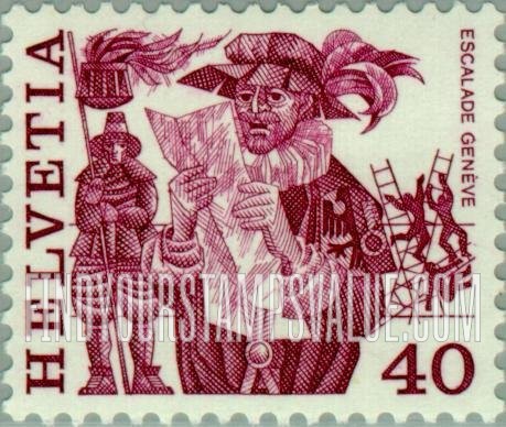 FindYourStampsValue: Federal Administration, Folk Customs: Herald reading proclamation and men scaling wall, Geneva