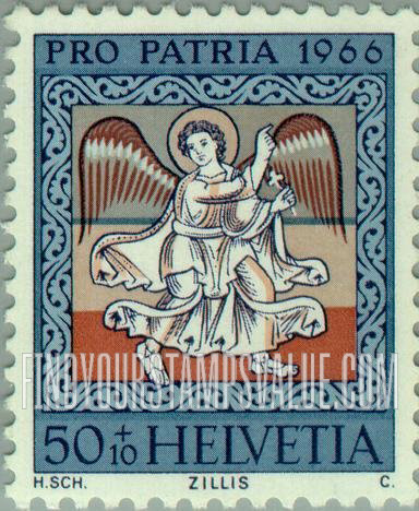 FindYourStampsValue: Semi-Postal, Ceiling Paintings from Church of St. Martin at Zillis: Angel leading the way