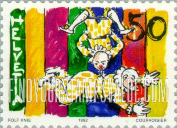 FindYourStampsValue: Federal Administration, World of the Circus: Clowns on trapeze