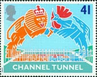 FindYourStampsValue: Great Britain (United Kingdom): Opening of Channel Tunnel - British Lion, French Rooster, meeting over Channel