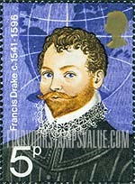 FindYourStampsValue: Great Britain (United Kingdom): British Explorers - Sir Francis Drake and World Map