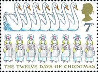 FindYourStampsValue: Great Britain (United Kingdom): The Twelve Days of Christmas - Seven Swans a-swimming, Eight Maids a-milking