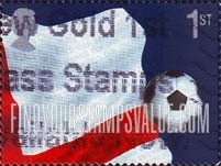 FindYourStampsValue: Great Britain (United Kingdom): 2002 World Cup Soccer Championships, Japan and Korea - Soccer Ball and English Flag (Upper Right Portion), Self-Adhesive Booklet Stamp