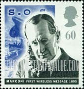 FindYourStampsValue: Great Britain (United Kingdom): Pioneers of Communication - Marconi as Older Man using Radiophone, sinking Titanic
