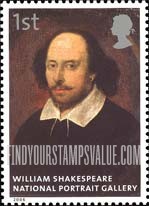FindYourStampsValue: Great Britain (United Kingdom): National Portrait Gallery, 150th Anniversary - William Shakespeare, by John Taylor