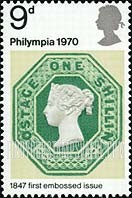 FindYourStampsValue: Great Britain (United Kingdom): "Philympia 70" London Philatelic Exhibition - 1847 1-Shilling Stamp