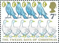 FindYourStampsValue: Great Britain (United Kingdom): The Twelve Days of Christmas - Four Colly Birds, Five Gold Rings, Six Geese a-laying